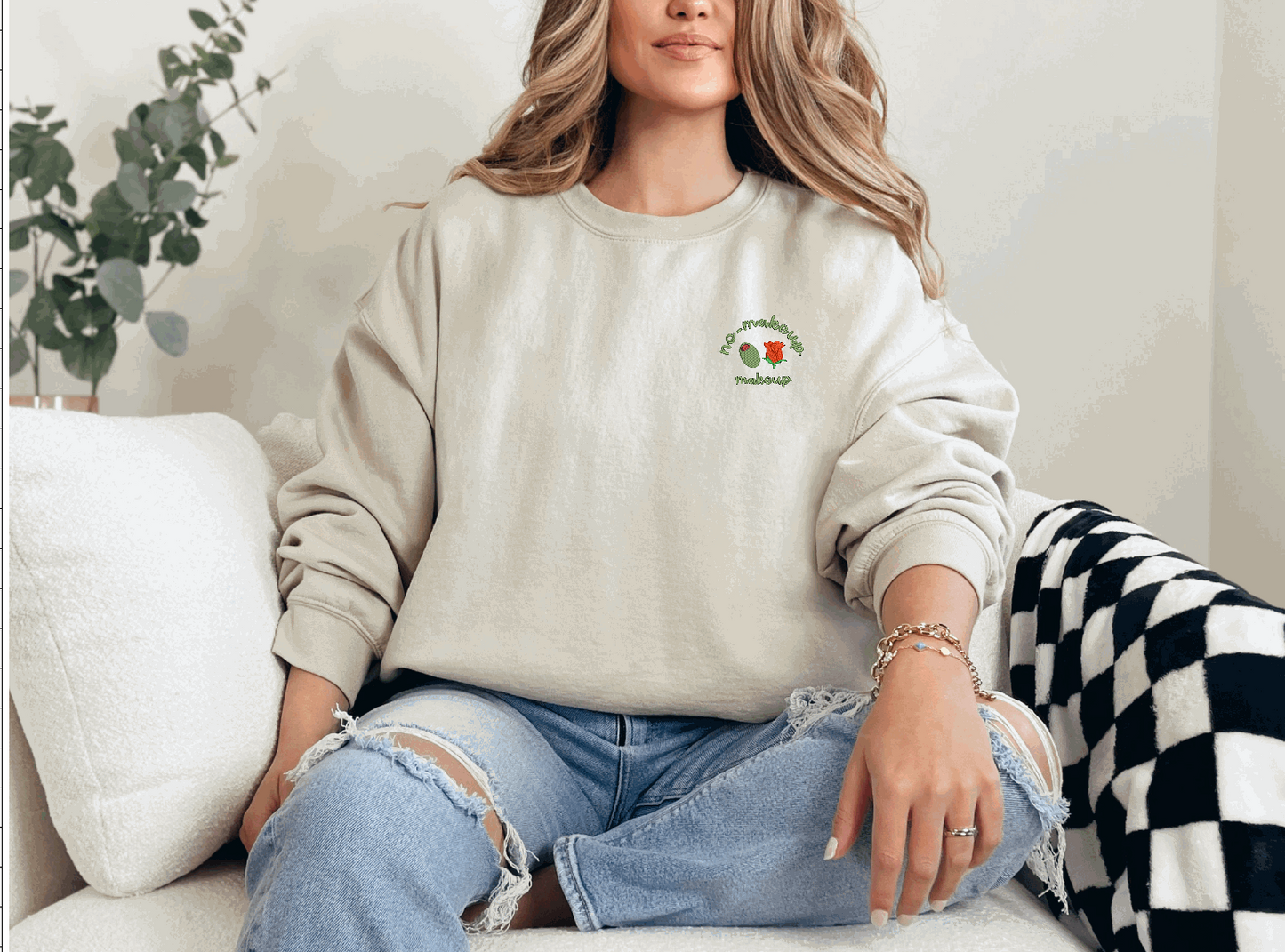 Olive Rose No-Makeup Emoji Embroidered Crewneck