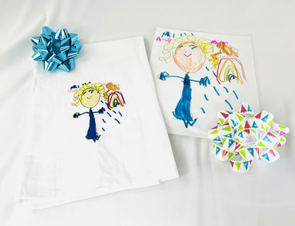 Kids Artwork Embroidered Tea Towel, Handmade Gift For Mom, Custom Kids Artwork Decor